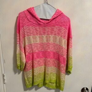 BIBI‎ Knit Striped Hooded Sweater 3/4 Sleeve Small Colorful Hot Pink Green Light
